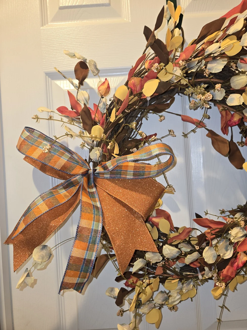 Autumn Harvest Fall Wreath with Orange Plaid Bow